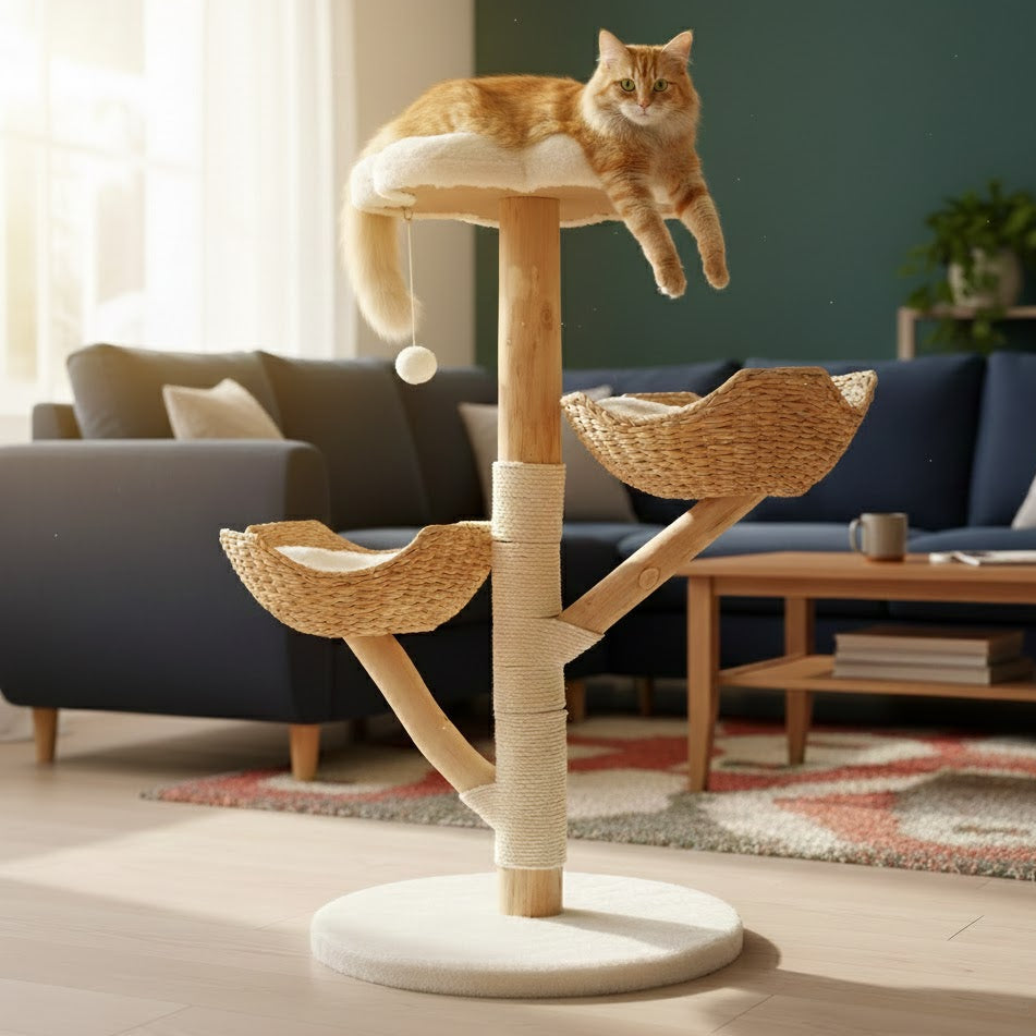 Arbre à chat en bois sur fond de salon de maison avec un chat roux tout en haut
