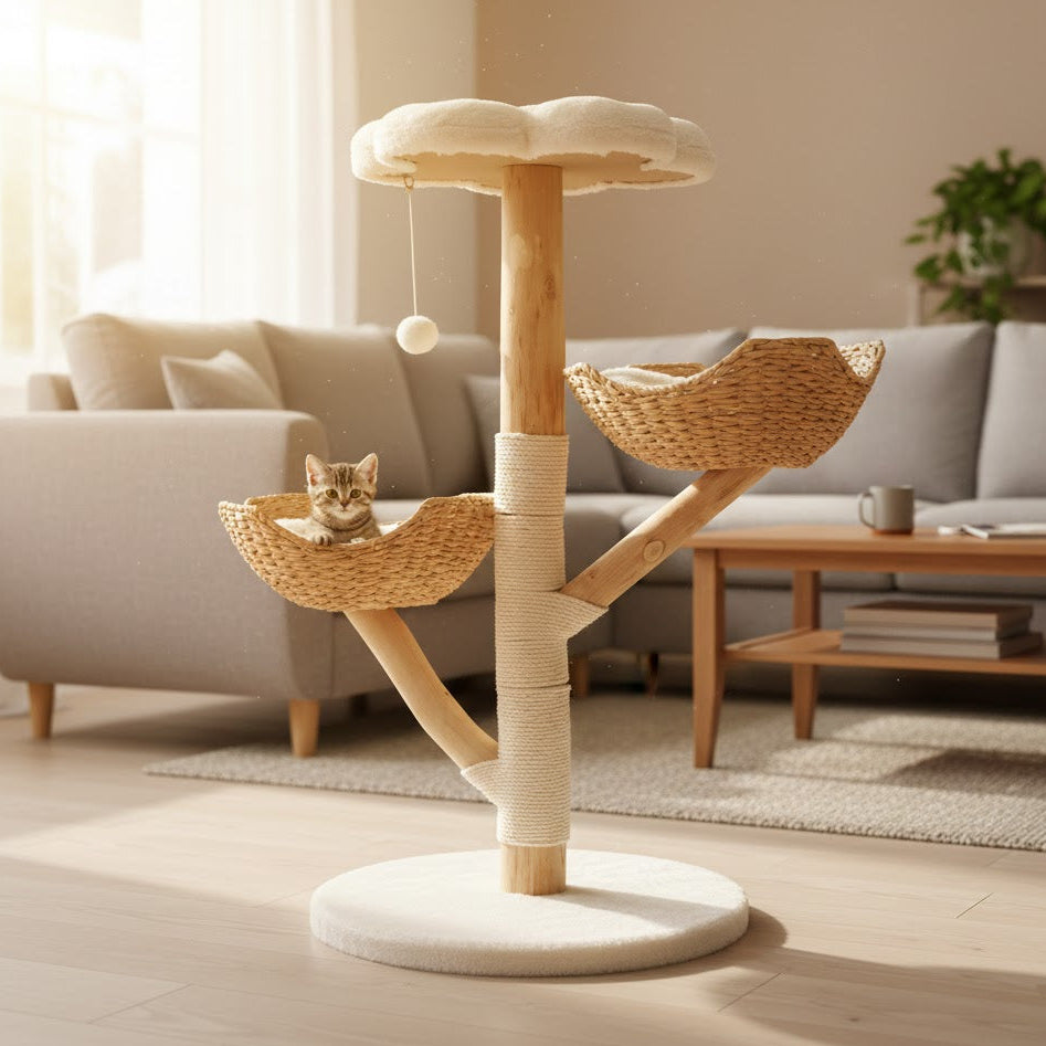 Arbre à chat moderne sur fond de salon de maison avec un chaton