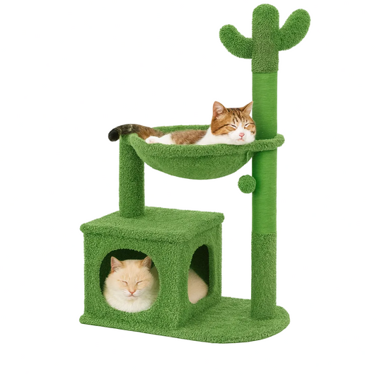 Abre à chat vert cactus avec deux chats endormis