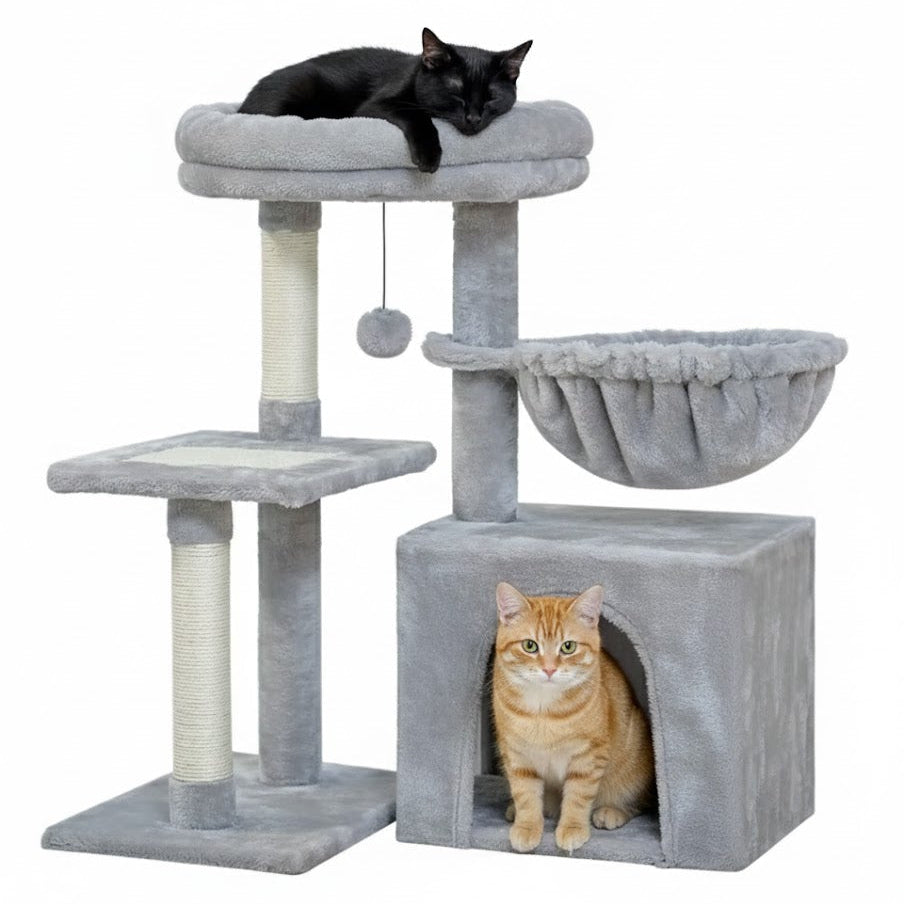 Arbre à chat compact gris avec deux chats