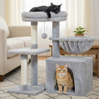 Arbre à chat compact gris avec deux chats dans un salon