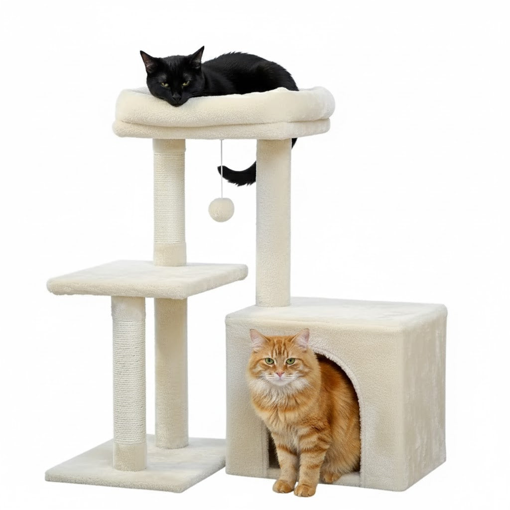 Arbre à chat compact beige avec deux chats sur fond blanc