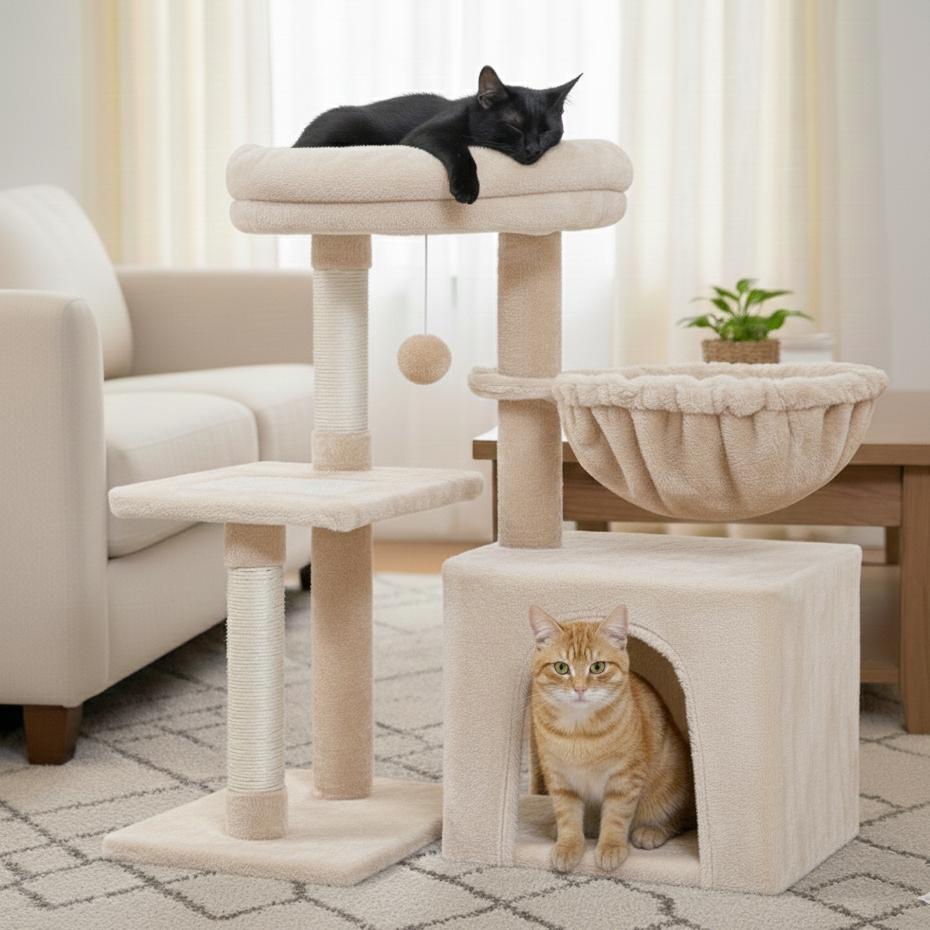 Arbre à chat compact beige avec deux chats sur fond de salon 