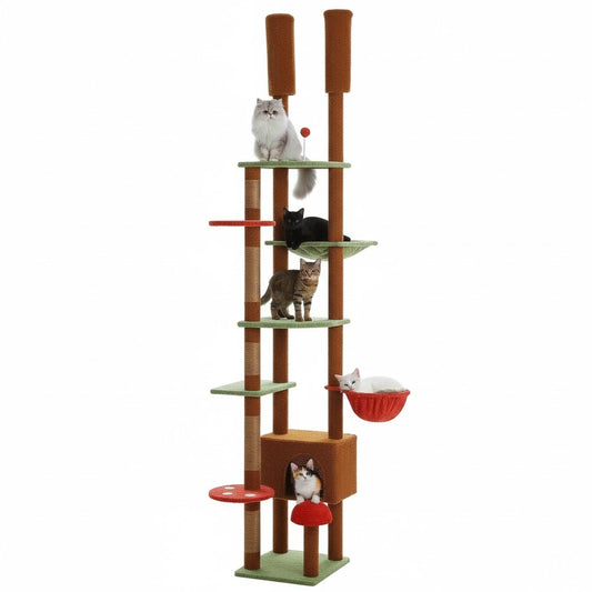 Arbre à chat géant sur fond blanc avec plusieurs chats différents