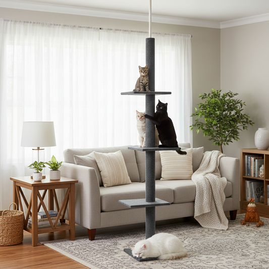 grand arbre à chat foncé avec 4 chats