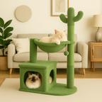 deux chat dans un arbre à chat cactus dans un salon de maison moderne