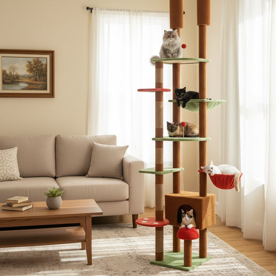 Arbre à chat fleur geant dans un salon de maison avec plusieurs chats différents