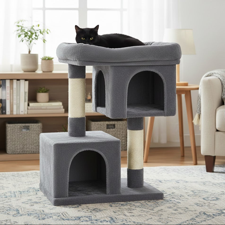 arbre à chat gris avec un chat noir au dessus dans un salon de maison