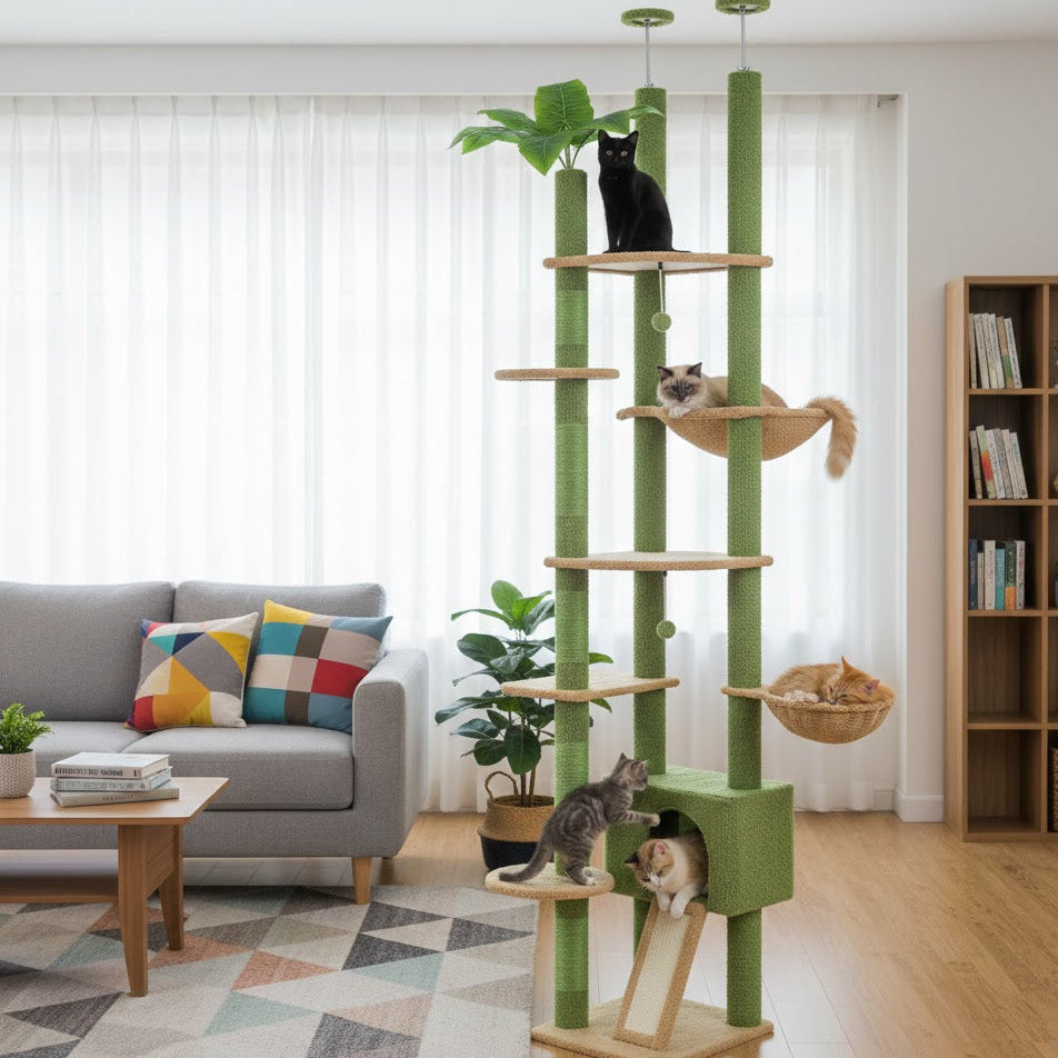 Arbre à chat géant vert dans un salon de maison avec des chats de couleurs différentes