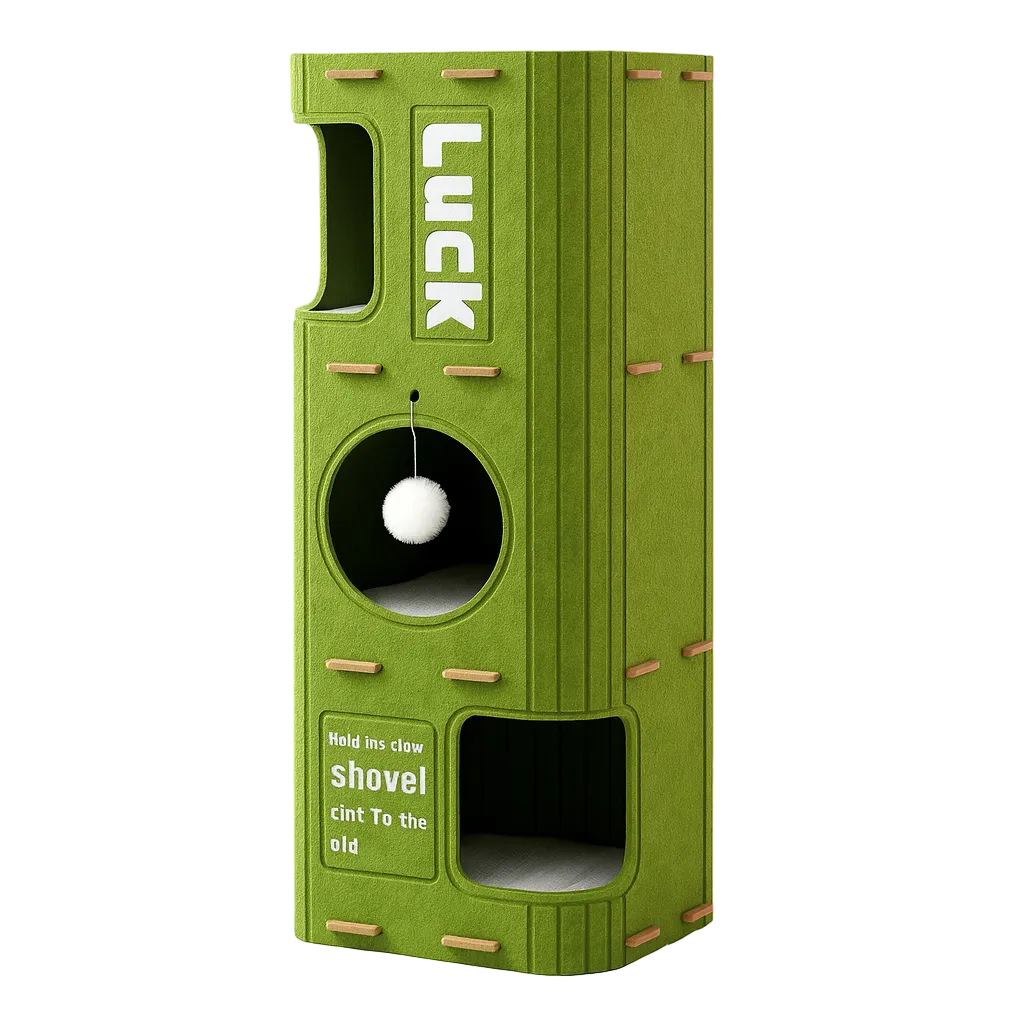 Arbre à chat vert old school à trois niveaux sur fond blanc