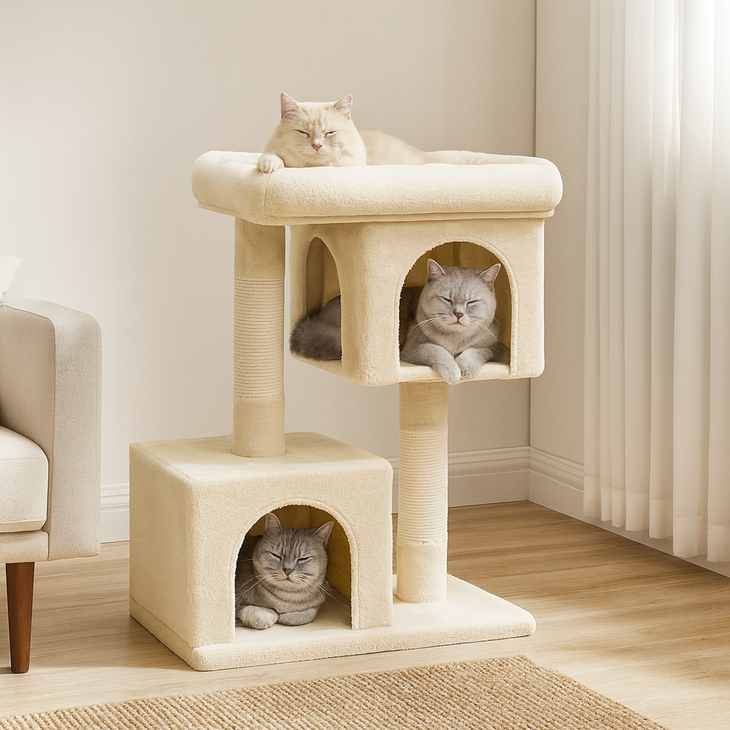 arbre à chat double niche avec trois chats à l'intérieur dans un salon moderne