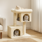arbre à chat double niche avec trois chats à l'intérieur dans un salon moderne