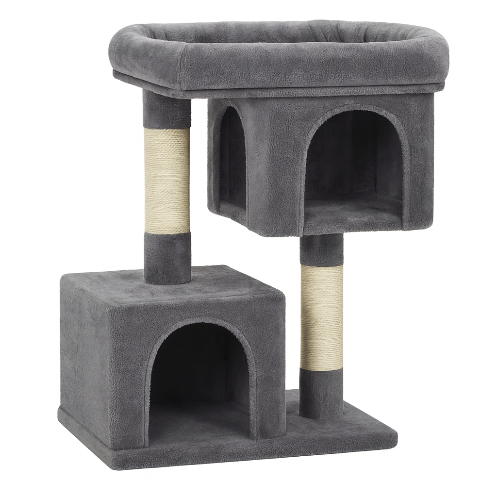 Arbre à chat gris clair avec grifoir sur fond blanc