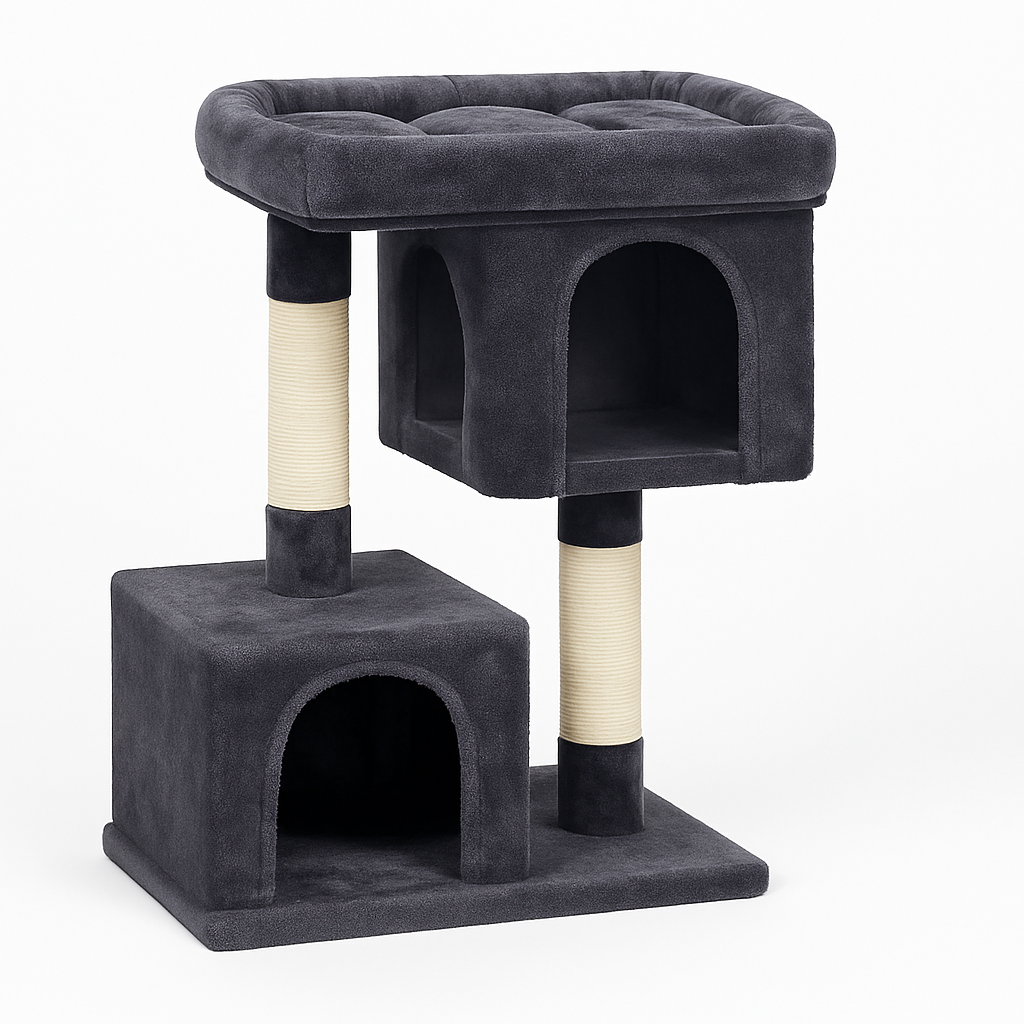 Arbre à chat gris foncé et doux sur fond blanc