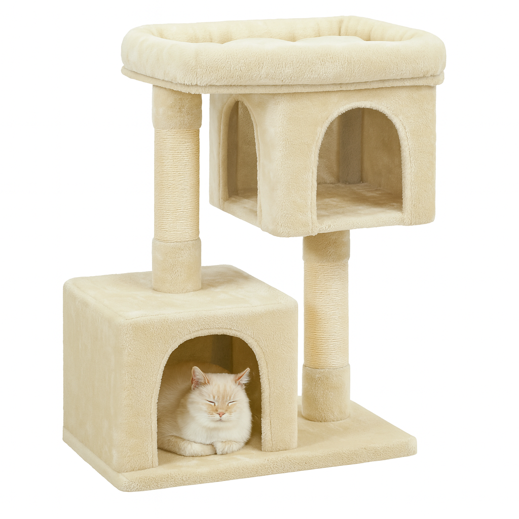 arbre à chat pas cher home avec un chat à l'intérieur sur fond blanc