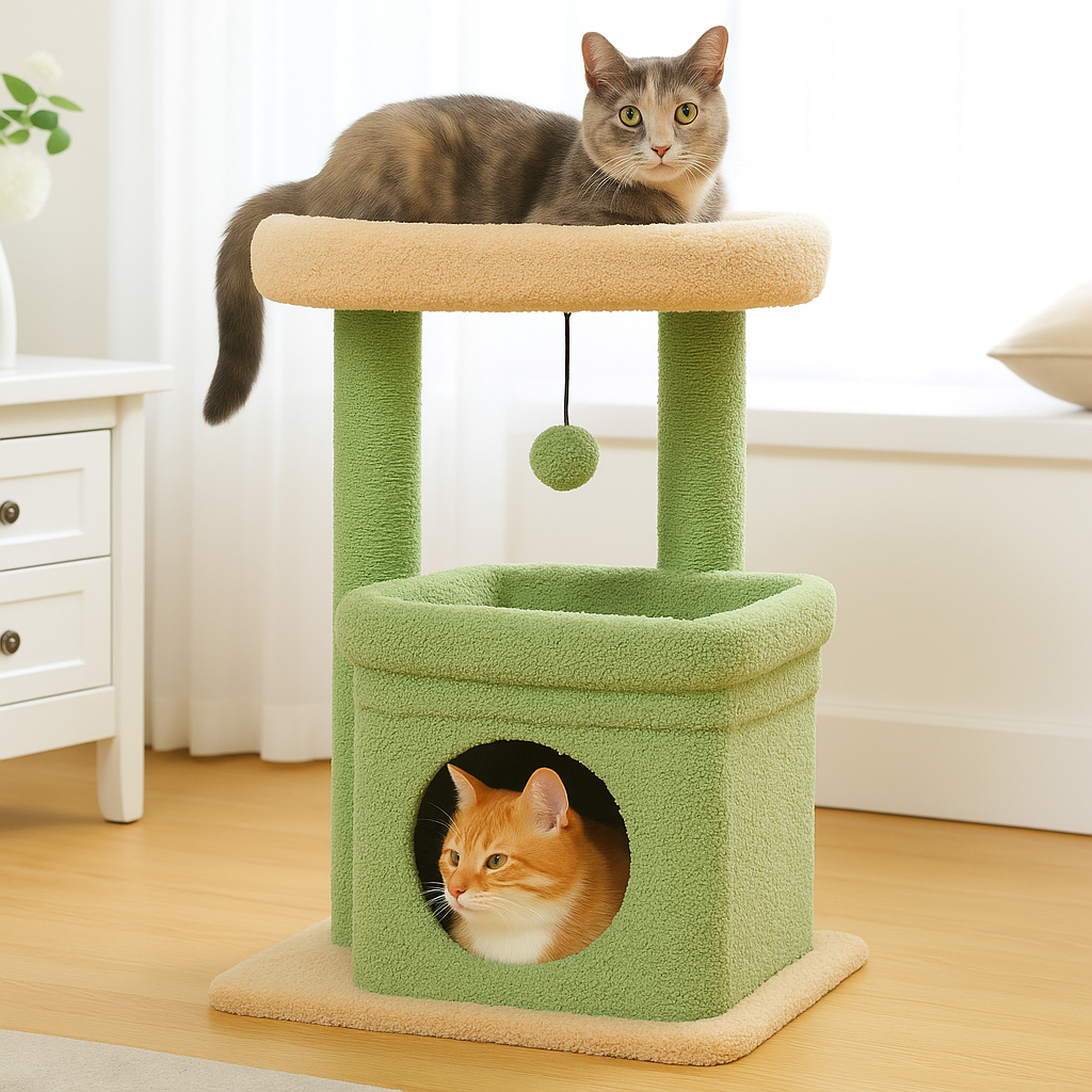 Arbre à chat Tour couleur verte et beige avec deux chats dans un salon de maison