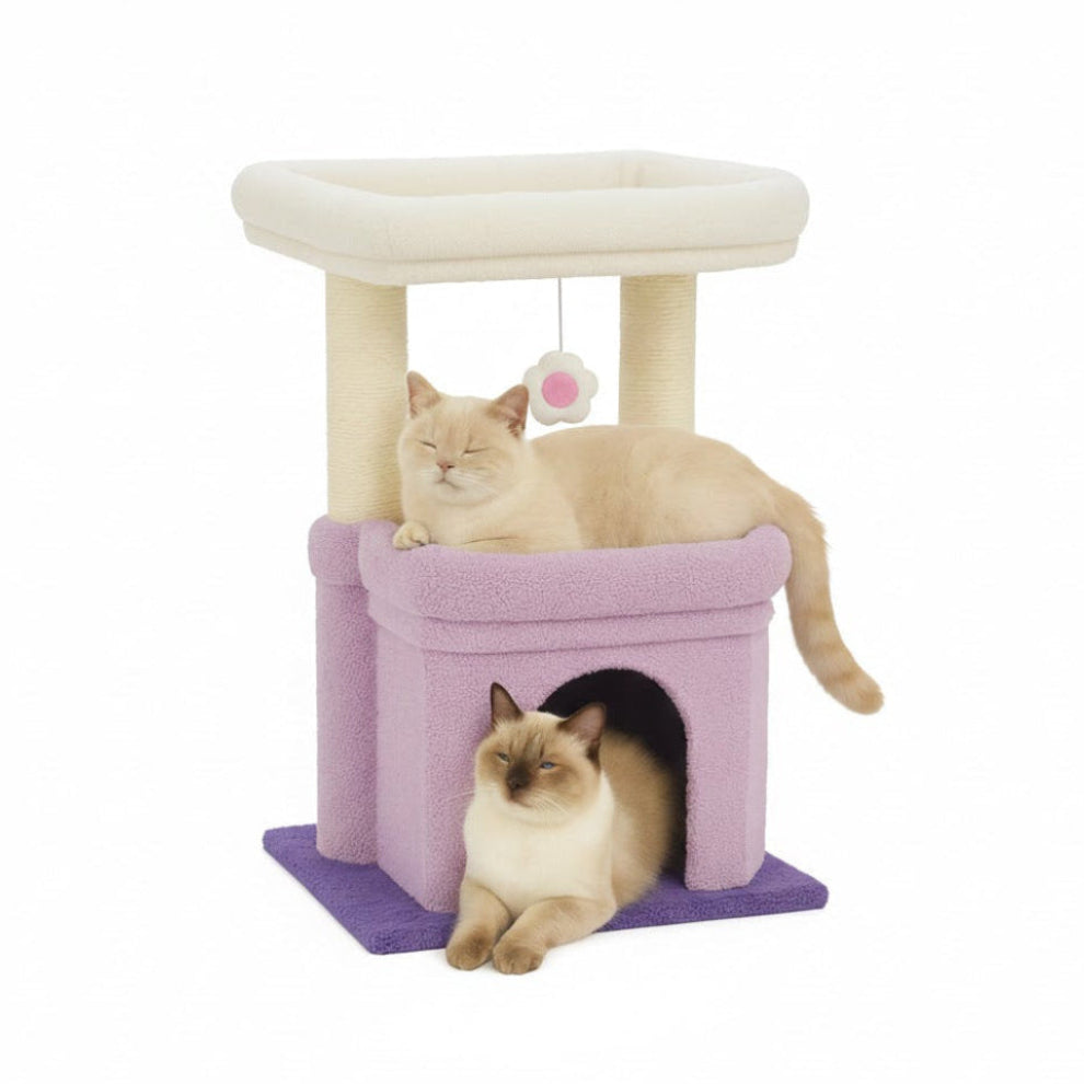 Abre à chat Tour dans les couleurs blanches, beiges, roses et violette, avec deux chats, sur fond blanc