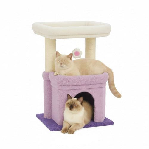 Abre à chat Tour dans les couleurs blanches, beiges, roses et violette, avec deux chats, sur fond blanc