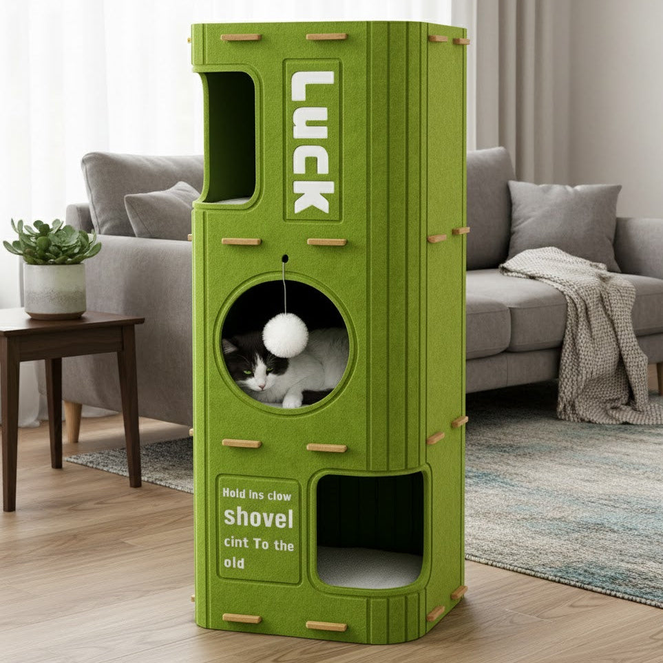 Arbre à chat vert à trois niveaux avec un chat blanc et noir au milieu et dans un salon moderne