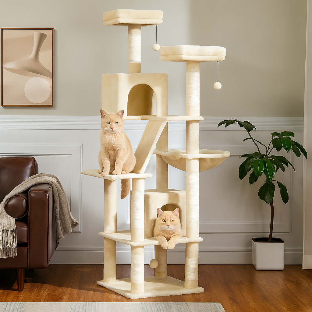 Arbre à chat xxl beige avec deux chats beiges sur un fond de salon moderne