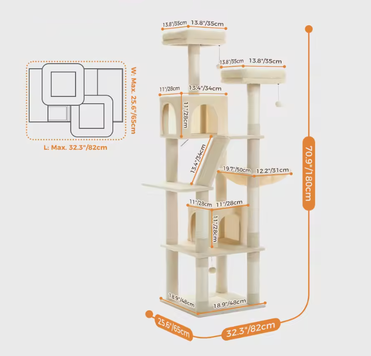 Mesures et taille de l'Arbre à chat xxl univers sur fond blanc