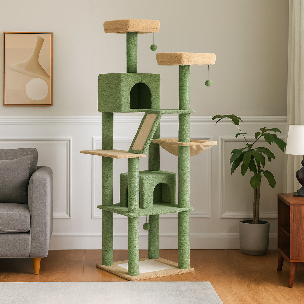 Grand abre à chat vert et beige dans un salon de maison