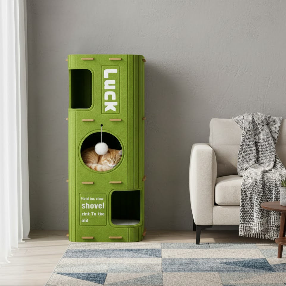 Arbre à chat old school à trois niveaux avec un chat roux dans un salon de maison