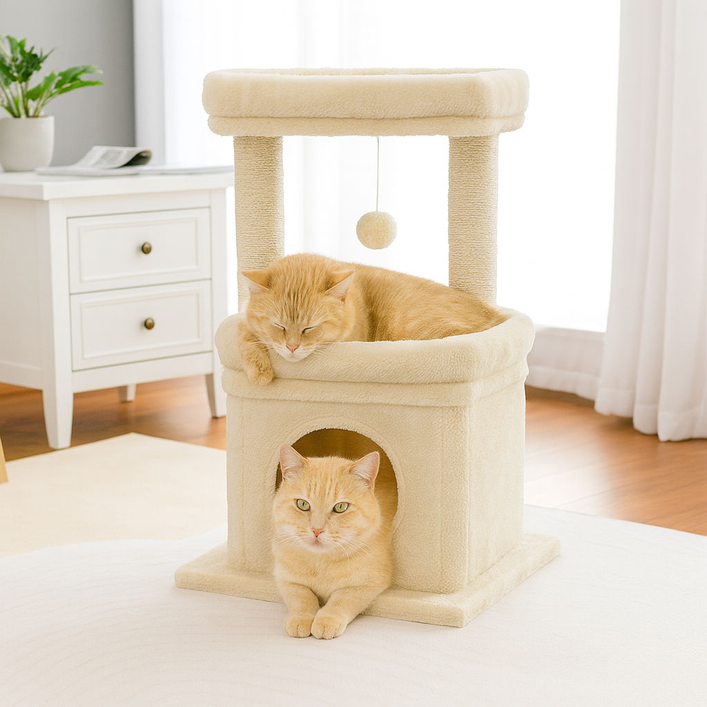 Arbre à chat Tour couleur beige avec deux chats dans un salon moderne